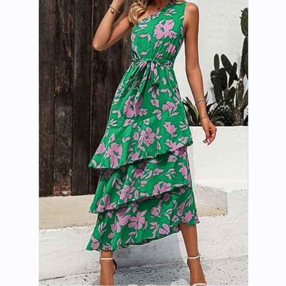Dresses & Skirts - PRETTYGARDEN Women's Summer Floral Sundress Casual One Shoulder Tiered Ruffle Fl